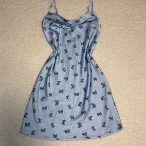 Forever 21 Women Blue Bow Print Satin Slip Mini Dress